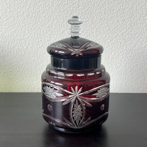 Ruby Red Cut to Clear Crystal Biscuit Jar // 8" Tall Bohemian Glass Canister - Picture 1 of 6